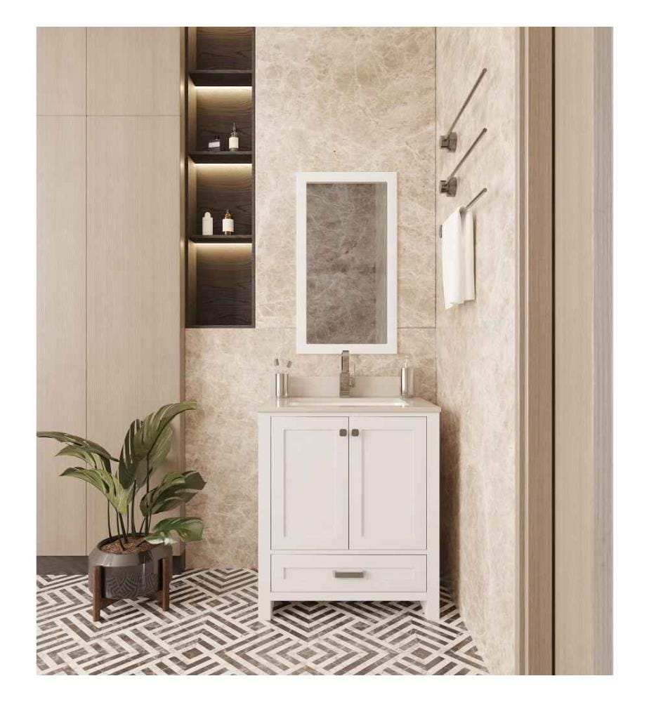 Ensemble de meubles de salle de bain, 2 pièces, blanc, MDF laqué, bois massif, comptoir en quartz blanc et évier en porcelaine sous plan