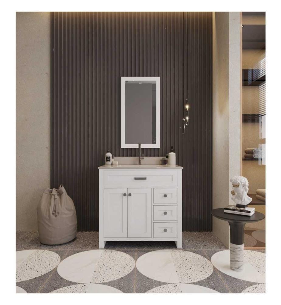 Ensemble de meubles de salle de bain, 2 pièces, blanc, MDF laqué, bois massif, comptoir d'évier en quartz blanc et porcelaine sous-jacente