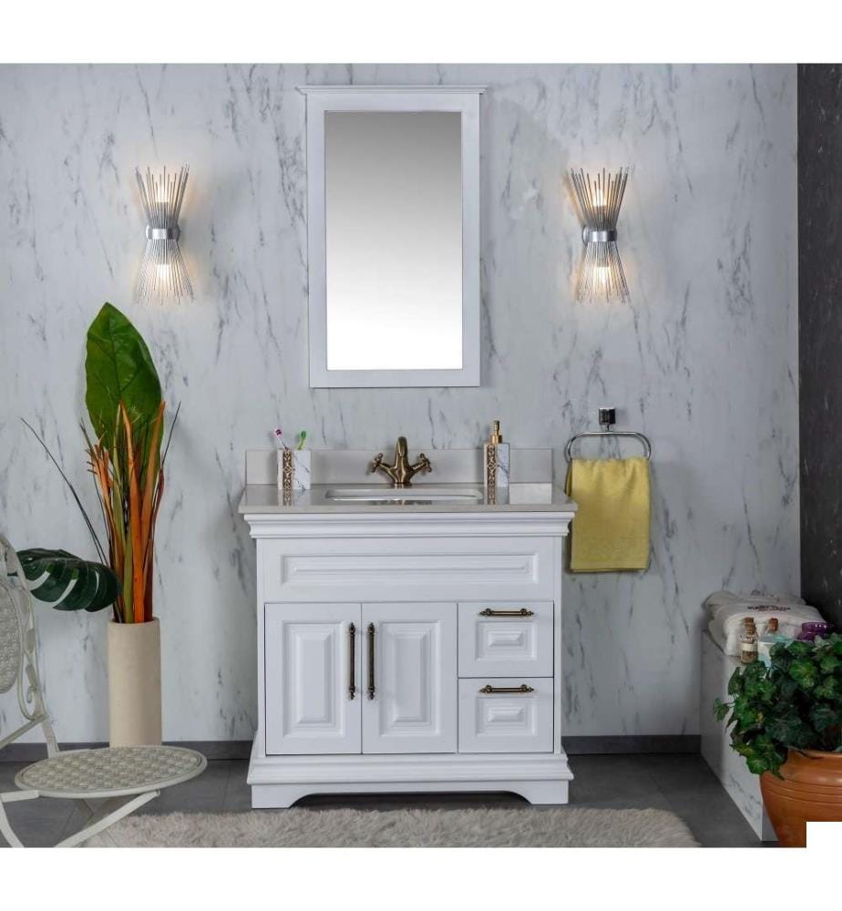 Ensemble de meubles de salle de bain, 2 pièces, blanc, MDF laqué, bois massif, comptoir en quartz blanc et évier en porcelaine sous plan