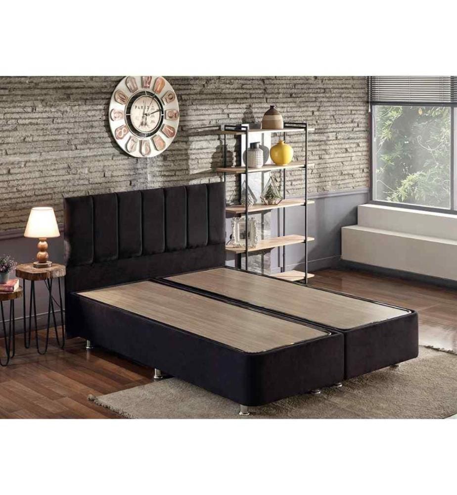Sommier et tête de lit double, noir, cadre en acier, tissu Soho