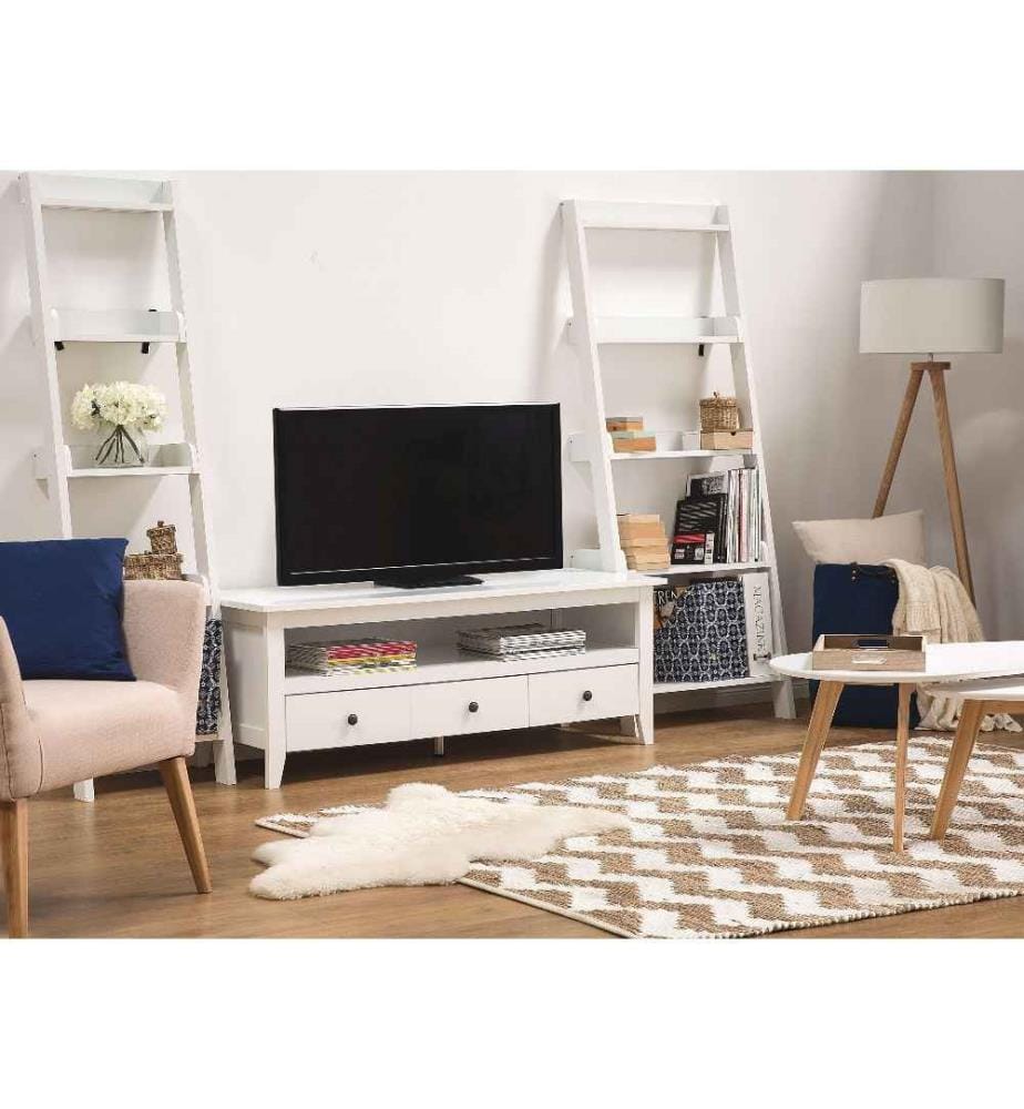 Meuble TV au Style Traditionnel entièrement de Couleur Blanche avec 3 Tiroirs et grand Espace de Rangement Ouvert 50 cm de Hauteur