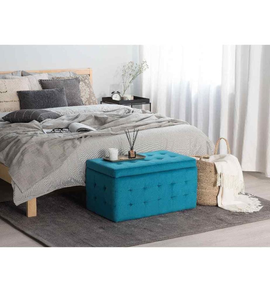 Coffre de Rangement au Style Chesterfield en Velours Synthétique Bleu Foncé pour Intérieur Moderne et Glamour