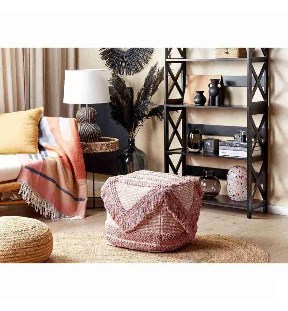 Pouf Carré au Style Oriental en Coton Rose avec Frange et Motif Traditionnel pour Salon ou Chambre