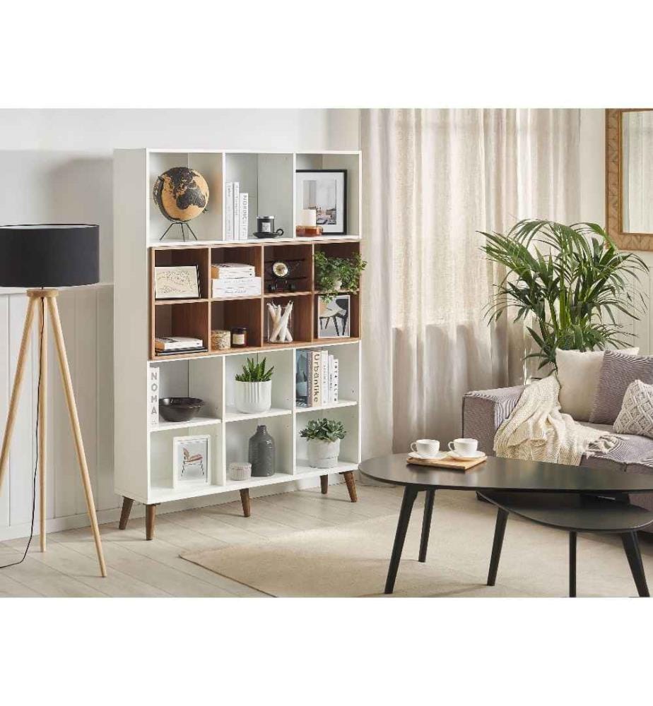 Bibliothèque Moderne Blanche avec Intérieur Marron composé de 17 Cases de Rangement Ouvert au Style Moderne 174 cm de Hauteur