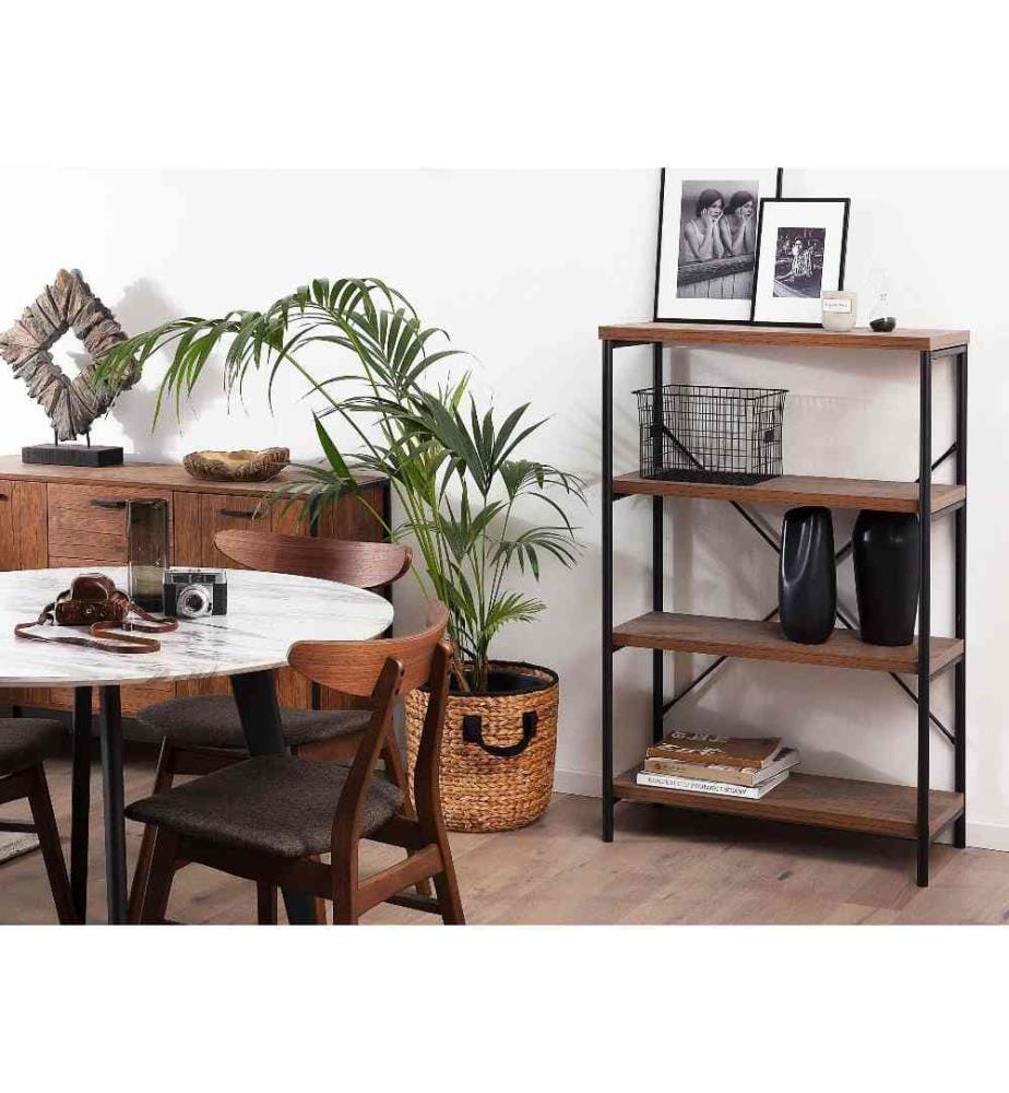 Étagère en Structure Métalique Noire et 4 Plateaux en Imitation Bois Foncé pour Salon au Style Industriel 122 cm de Hauteur