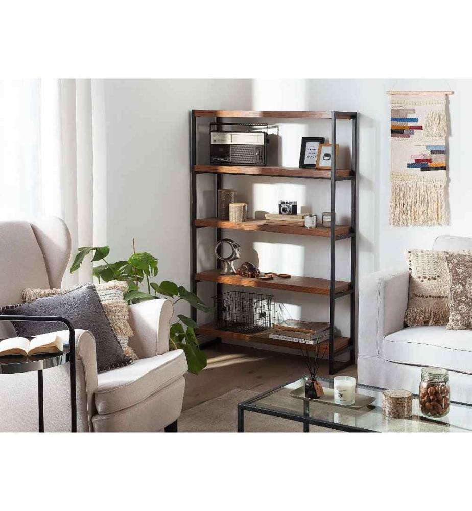 Étagère en Acier revêtu de Poudre Peint en Noir et Plateaux en 5 Rangées Imitation Bois au Style Industriel 155 cm de Hauteur