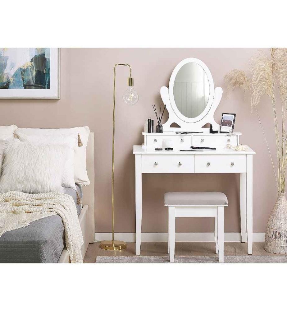 Table de Maquillage Coiffeuse Blanche avec 4 Tiroirs Miroir Oval et Tabouret Gris Assorti Idéale pour Chambre au Style Glamour et Classique