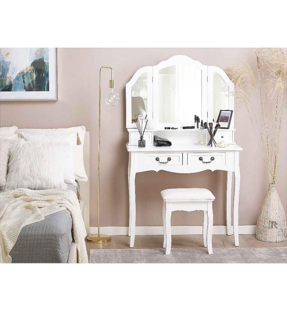 Table de Maquillage Coiffeuse Blanche avec 4 Tiroirs Miroir Tryptique et Tabouret Assorti Style Moderne et Classique pour Intérieur Glamour