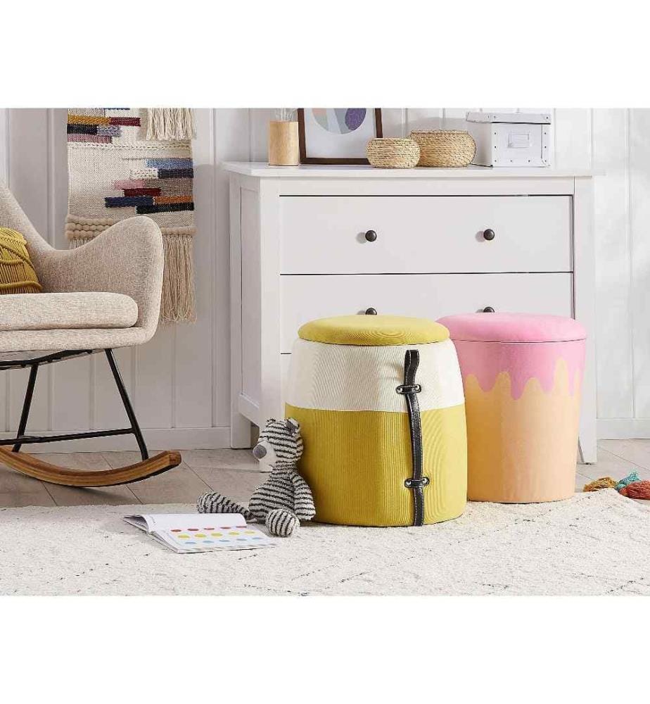 Pouf avec Coffre de Rangement en Velours Côtelé Jaune Blanc Cassé et Marron Pratique et Décoratif pour Salon ou Chambre d'Enfant Scandinave
