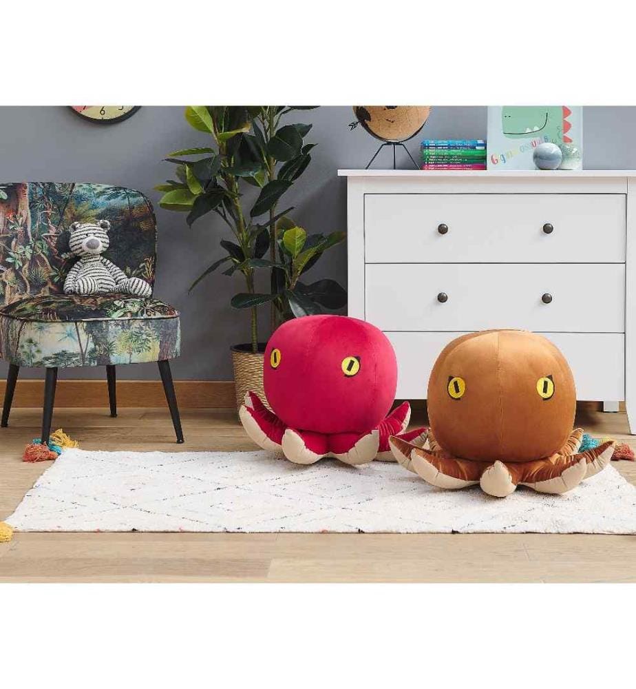 Pouf pour Enfant en Forme de Pieuvre en Velours et Tissu Marron et Beige