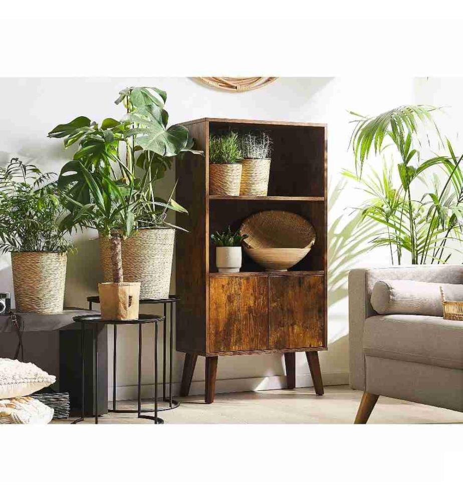 Bibliothèque Étagère Effet Bois Foncé avec Compartiment Fermé à Portes Meuble de Rangement pour Salon au Style Rétro et Industriel