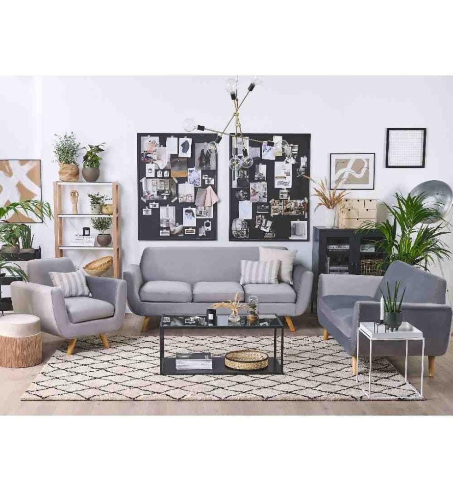 Ensemble Salon Canapé 3 et 2 Places et Fauteuil en Velours Gris avec Pieds en Bois Design et Housse Amovible Lavable Style Rétro Scandinave