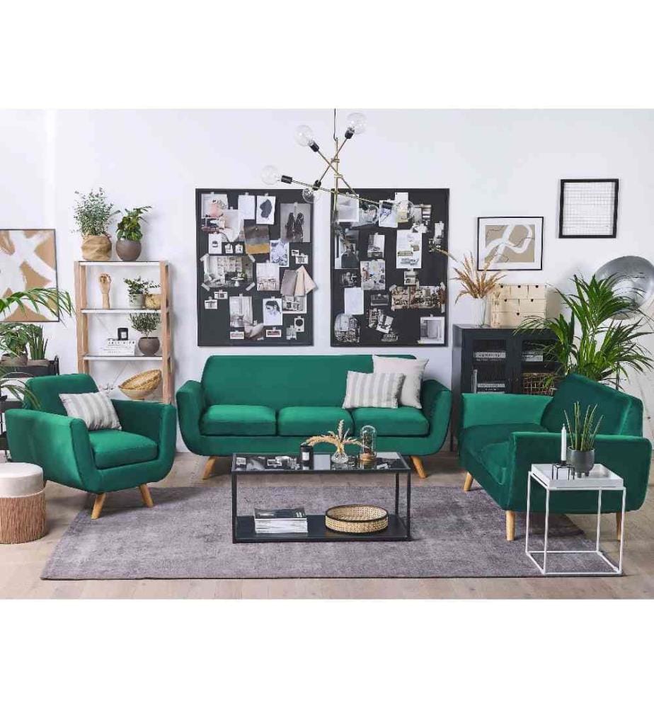 Ensemble Salon Canapé 3 et 2 Places et Fauteuil en Velours Vert avec Pieds en Bois Design et Housse Amovible Lavable Style Rétro Scandinave