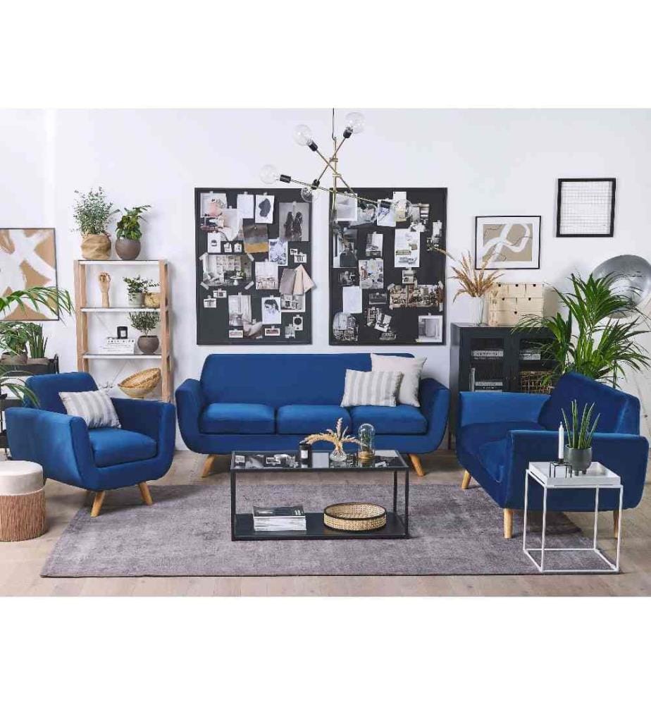 - Ensemble Salon 6 Places - Bernes - Canapé 2 et 3 Places et Fauteuil, en Velours, Bleu Marine, Housse Amovible