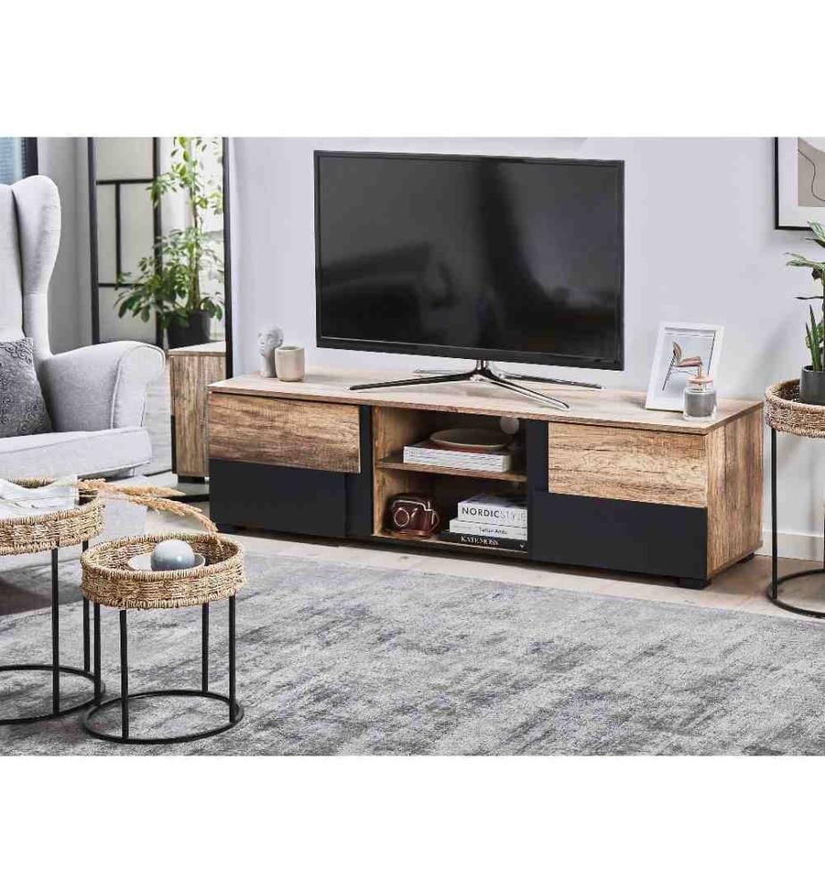 Meuble TV Buffet Design Effet Bois Clair et Noir avec 2 Compartiments à Portes Meuble de Rangement Pratique pour Intérieur Moderne