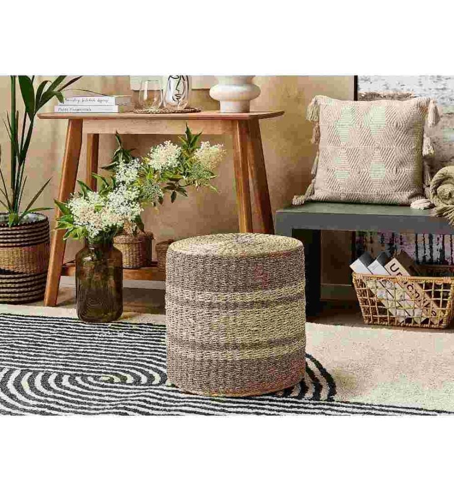 Pouf Naturel en Herbes Marines Jacinthe d'Eau et Feuilles de Palmier 40 cm Rembourrage en Mousse de Style Boho