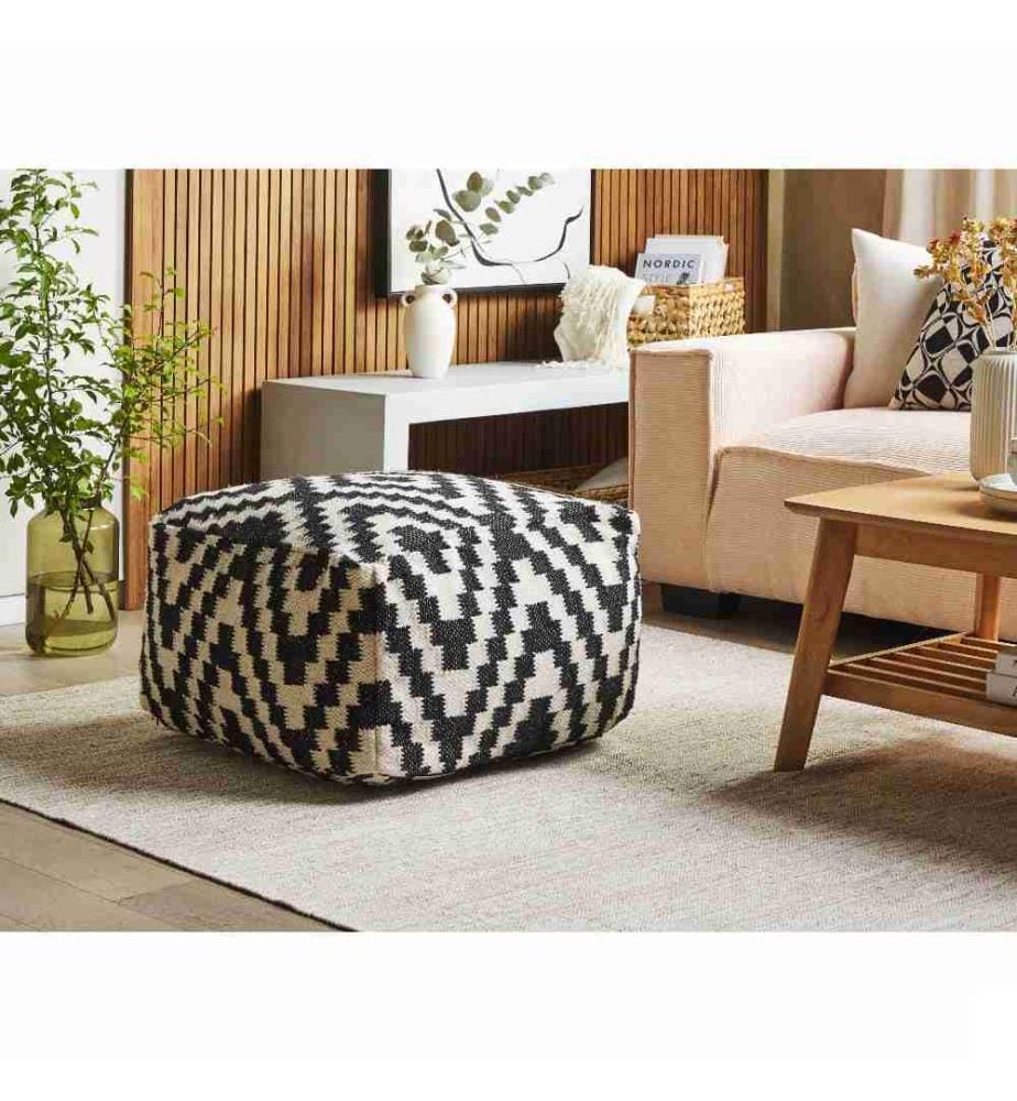 Pouf Noir et Blanc en Laine et Billes de Polystyrène 56 x 56 x 32 cm Fait Main Carré de Style Moderne Ottoman