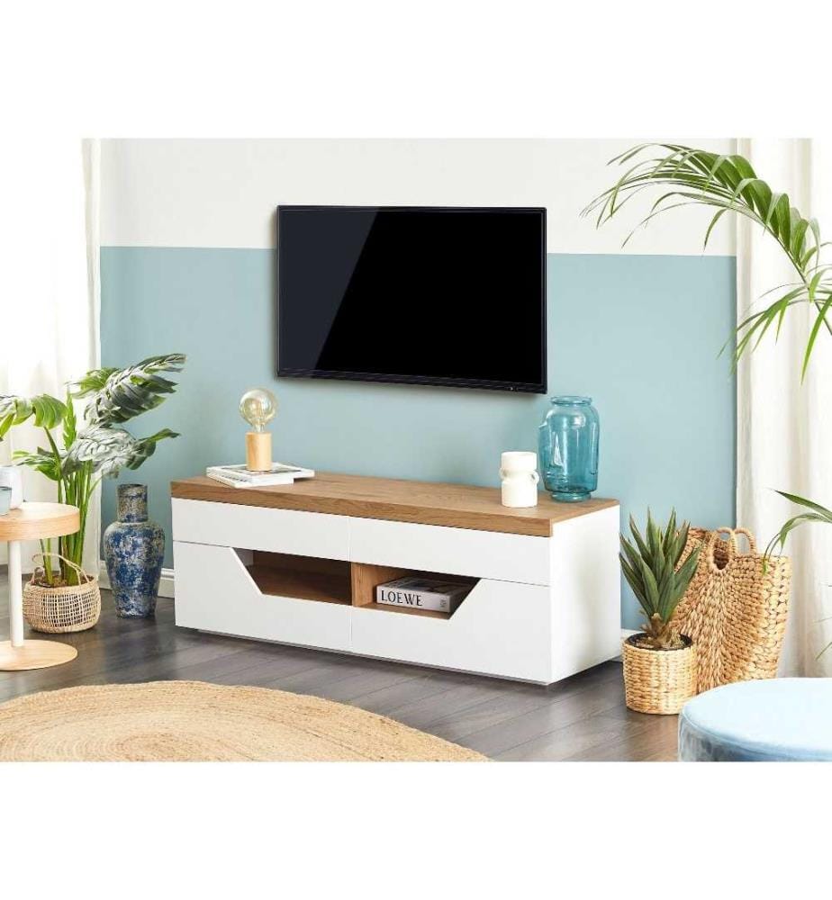 Meuble TV Blanc avec Bois Clair MDF 4 Tiroirs 2 Etagères Gestion des Câbles Unité TV Rangement Style Scandinave