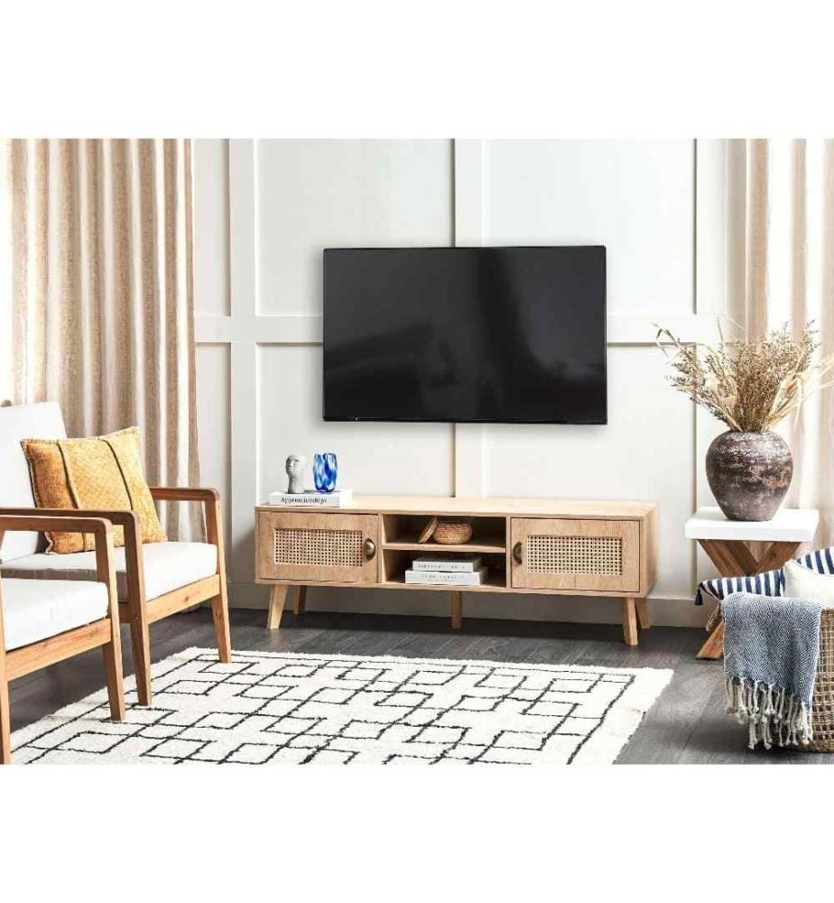 Meuble TV MDF en Bois clair avec Façades en Polyrotin 2 Armoires 2 Étagères Ouvertes Style Vintage Meuble Multimédia Gestion des câbles