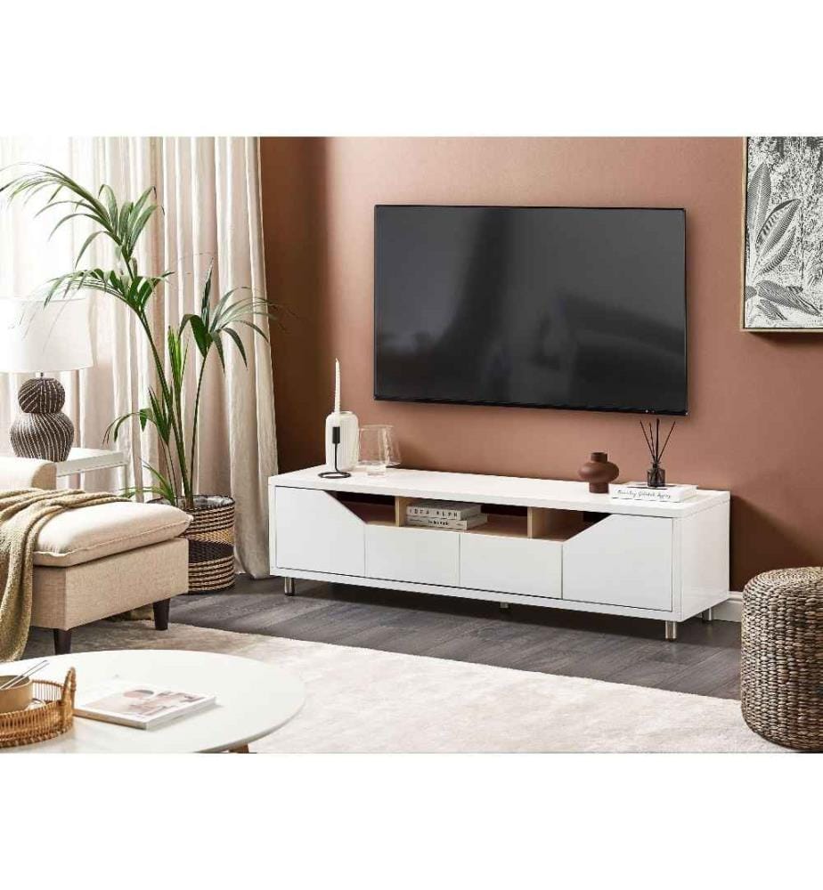 Support TV Blanc en MDF Multiples Rangements 2 Tiroirs 2 Portes Ouverte à Cloison Bois Clair Style Minimaliste