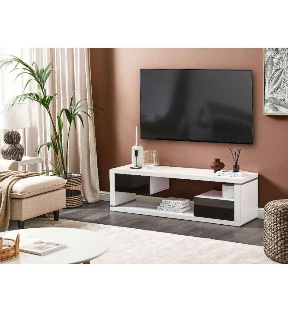 Supporto TV aperto con 2 cassetti di colore bianco e nero in stile minimalista per soggiorno
