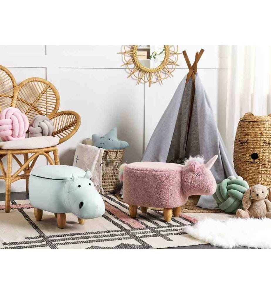 Petit Tabouret Pouf pour Enfant 35 cm de Hauteur en Forme d'Hippopotame Velours Bleu Clair avec Coffre de Rangement et Pieds en Bois