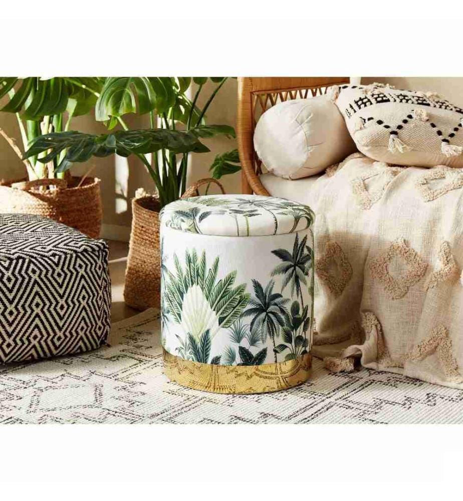 Pouf Blanc et Vert en Velours 38 x 38 x 42 cm Rembourré avec Coffre et Motif de Feuilles Accessoire pour Salon Chambre