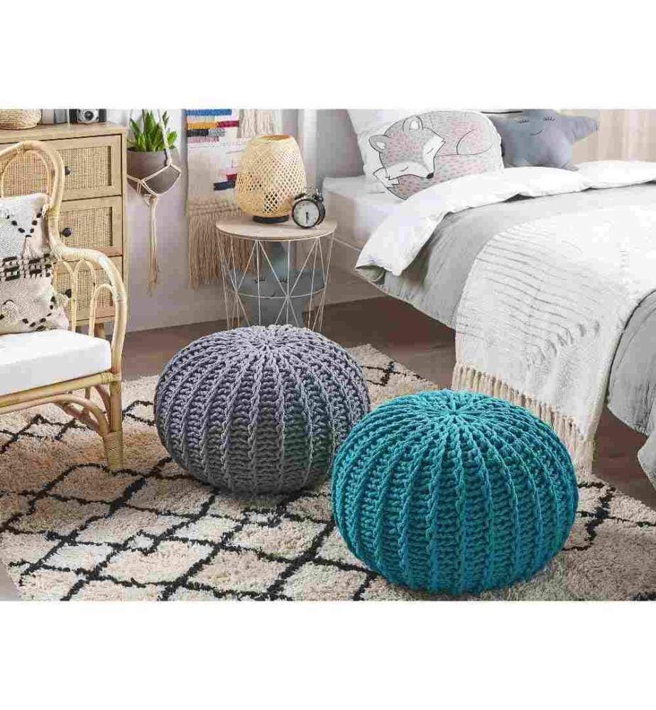 Pouf Bleu Vert en Coton 50 x 35 cm Rond Tricoté avec Sac à Billes en Polystyrène Inclus pour Salon ou Chambre Moderne Coussin d'Intérieur