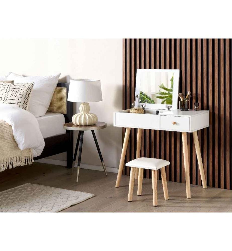 Coiffeuse Blanche en Panneaux de Particule de Bois et Bois d'Hévéa 73 x 80 x 40 cm 1 Tiroir Miroir Relevable et Tabouret Scandinave