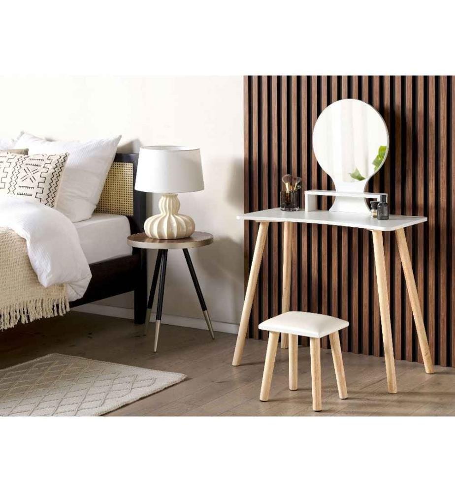 Coiffeuse Blanche en Panneaux de Particule de Bois et Bois d'Hévéa 127 x 80 x 40 cm Miroir et Tabouret Plateau Fin Scandinave