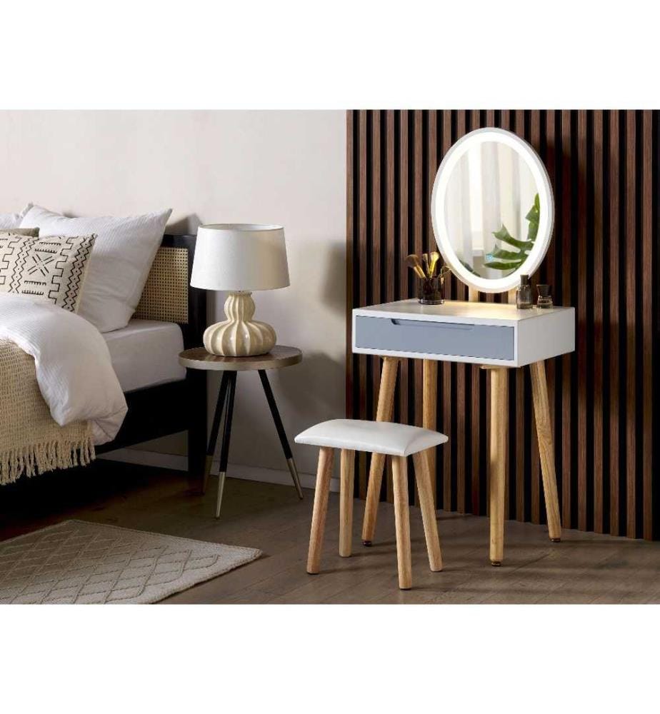 Coiffeuse Blanc et Gris en Panneaux de Particule de Bois et Bois d'Hévéa 137 x 60 x 40 cm 1 Tiroir Miroir à LED et Tabouret Scandinave