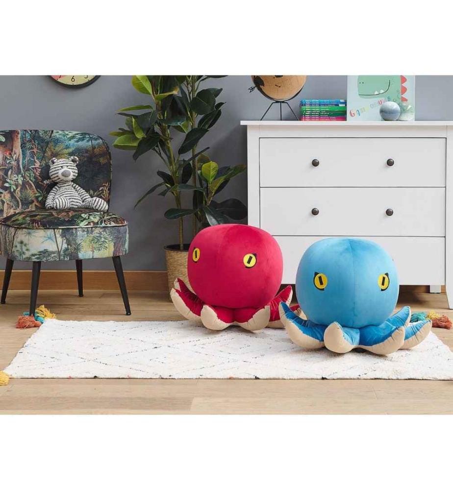 Pouf Rouge Beige en Velours pour Enfant en Forme de Pieuvre à Pieds Tabouret Ludique Moelleux Accessoire Chambre