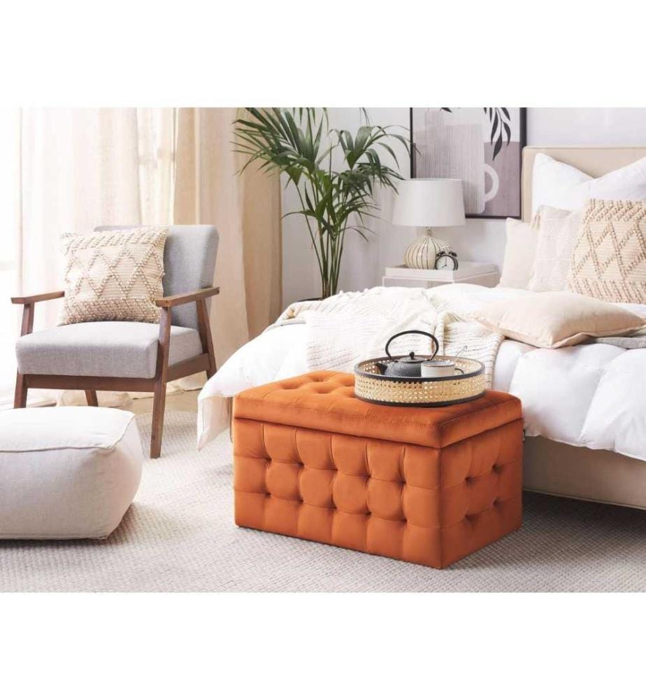 Coffre de Rangement au Style Chesterfield en Velours Orange pour Intérieur Moderne et Glamour