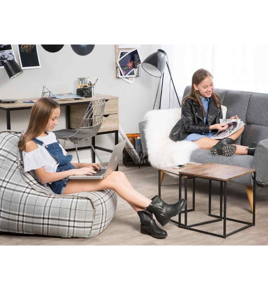 Pouf Drop Effet Lin à Carreaux Confortable pour Salon ou Chambre de Tous Styles