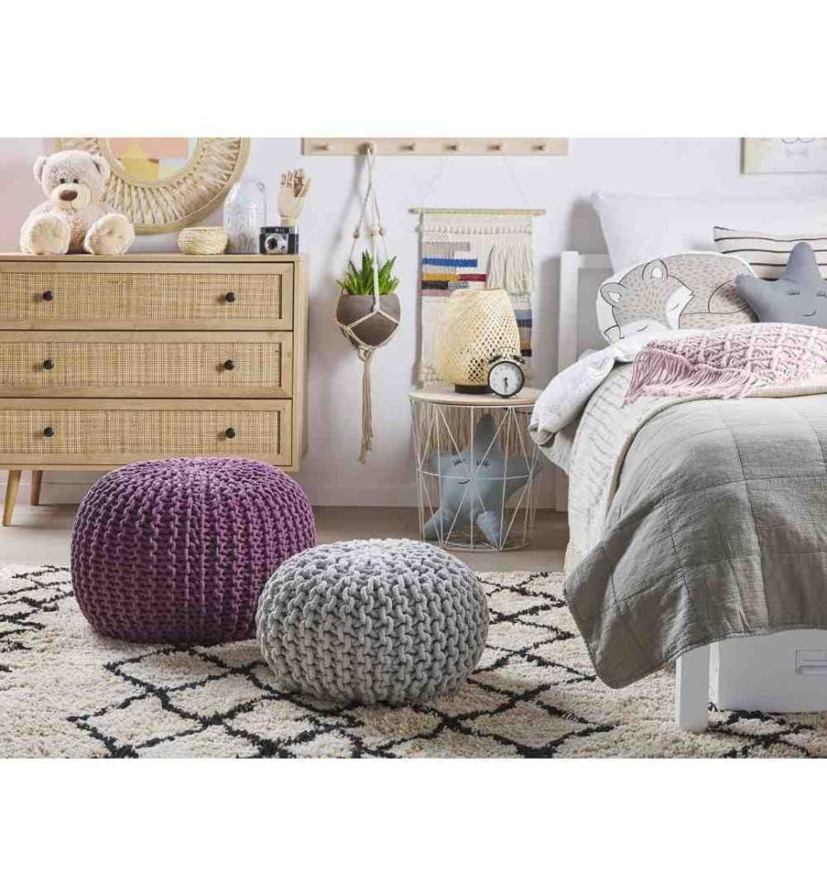 Pouf Rond fabriqué en Tissu Coton Violet avec Sac à Billes en Polystyrène Inclus 50 x 35 cm pour Salon ou Chambre Moderne