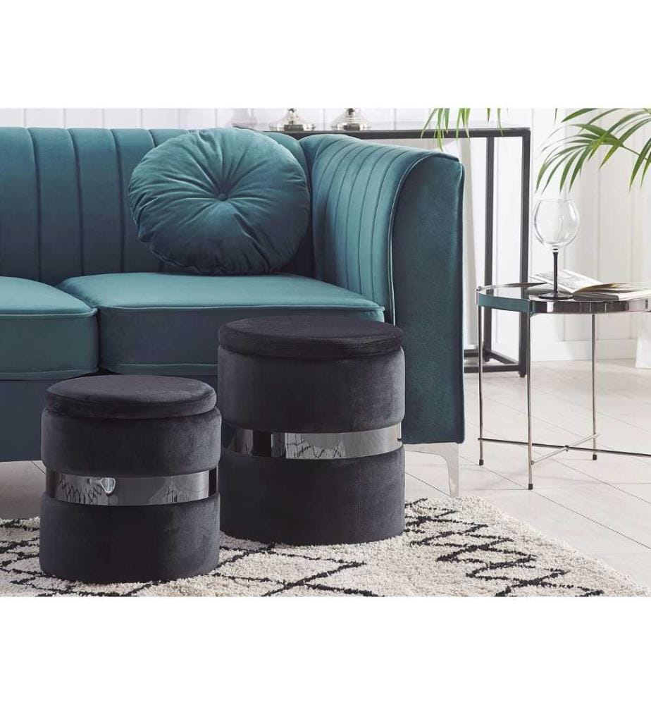 Lot 2 Poufs Coffres de Rangement en Velours Noir avec Ceinture en Acier Argenté Idéals pour Chambre ou Salon au Design Glamour et Chic