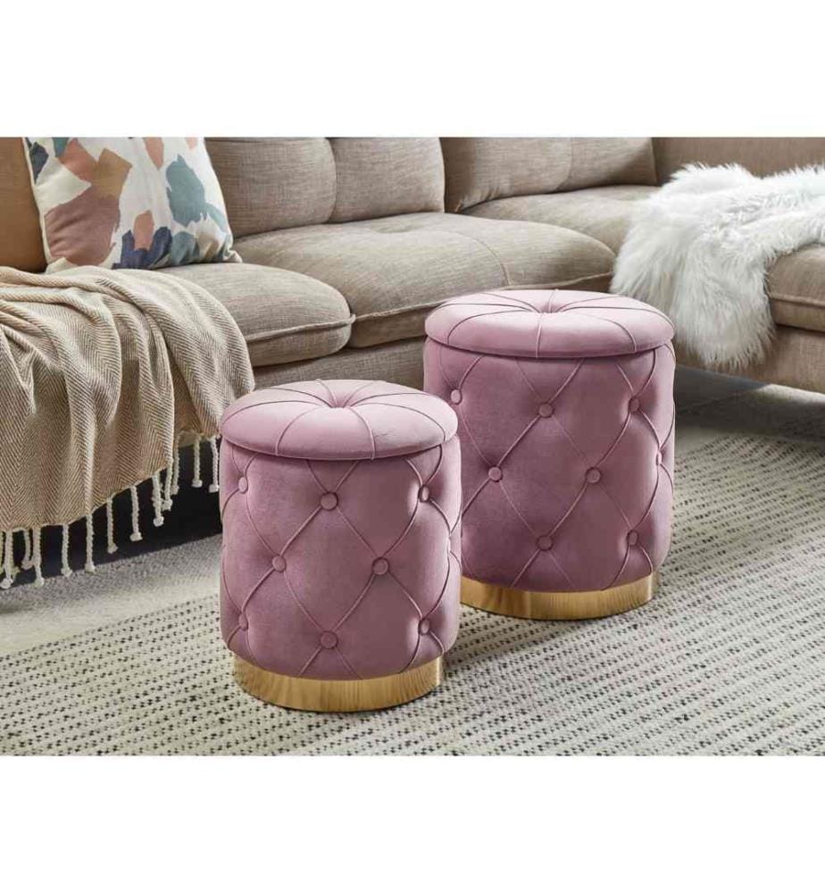 Lot 2 Poufs Coffres de Rangement en Velours Blanc Capitonné et Base en Acier Doré pour Chambre ou Salon au Design Glamour et Vintage