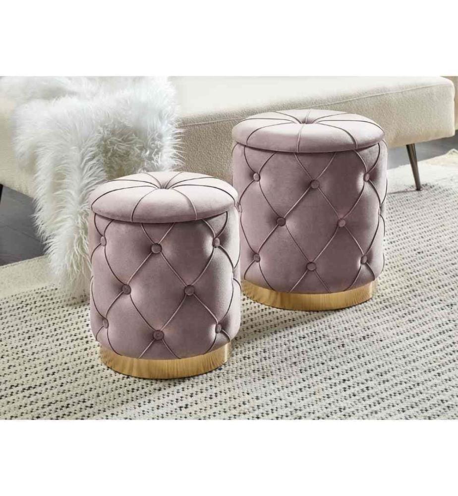 Lot 2 Poufs Coffres de Rangement en Velours Blanc Capitonné et Base en Acier Doré pour Chambre ou Salon au Design Glamour et Vintage