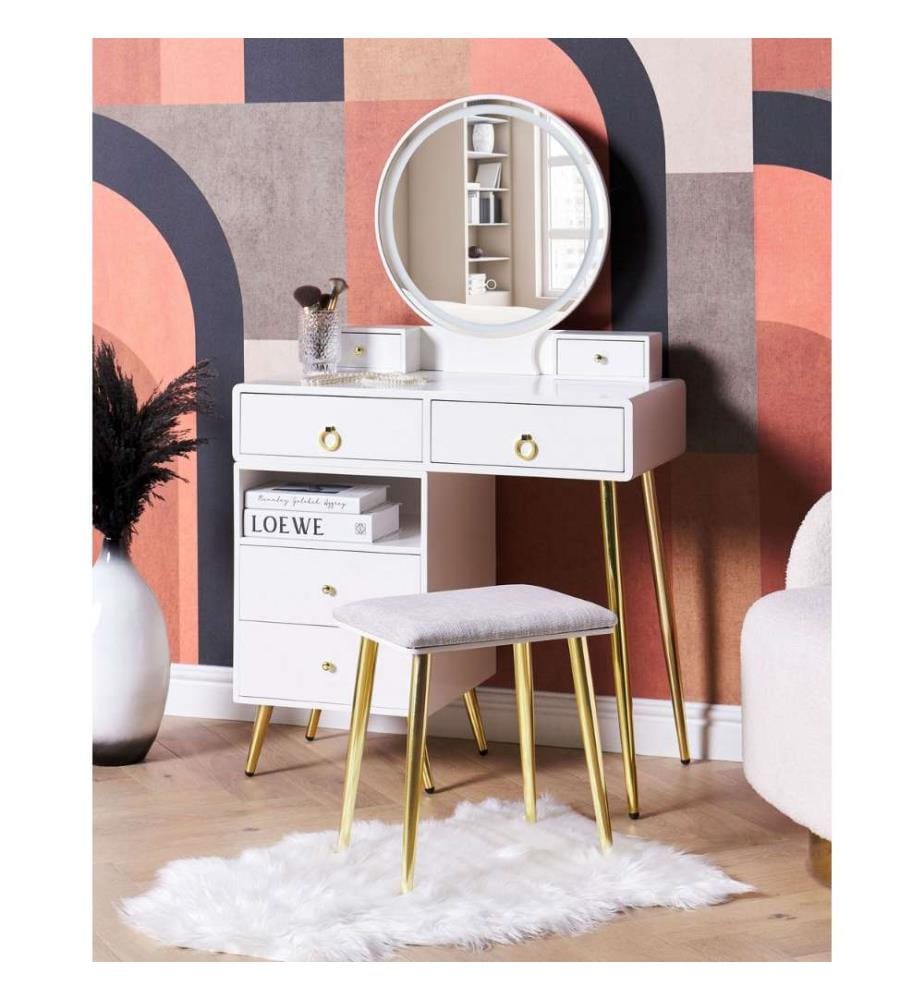 Coiffeuse Noir et Doré en Métal MDF et Polyester avec Tabouret et Miroir LED Finition Laquée à 6 Tiroirs Intensité Lumineuse Réglable