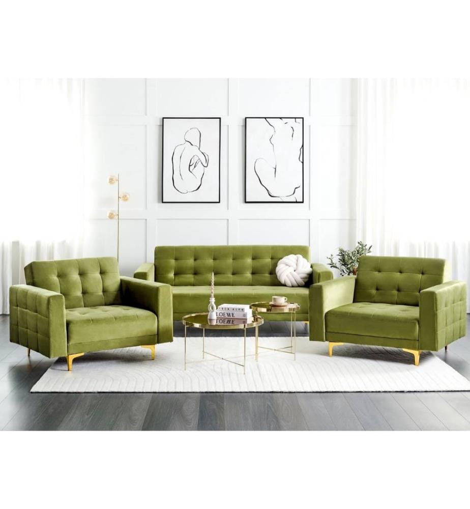 Ensemble de salon en velours vert avec tissu matelassé Canapé-lit 3 places 2 fauteuils de relaxation Ensemble moderne 3 pièces