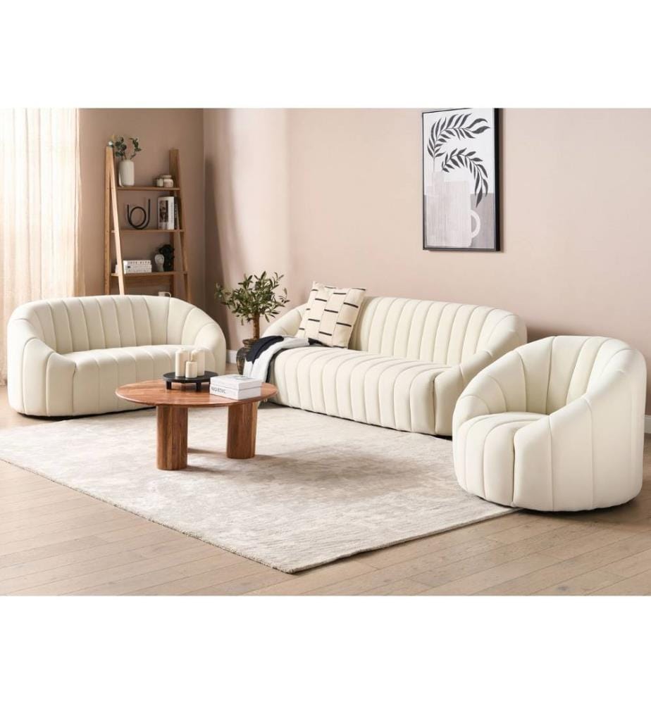 Ensemble canapé 6 places en velours blanc cassé Salon contemporain Design rétro Assise tapissée Dossier bas