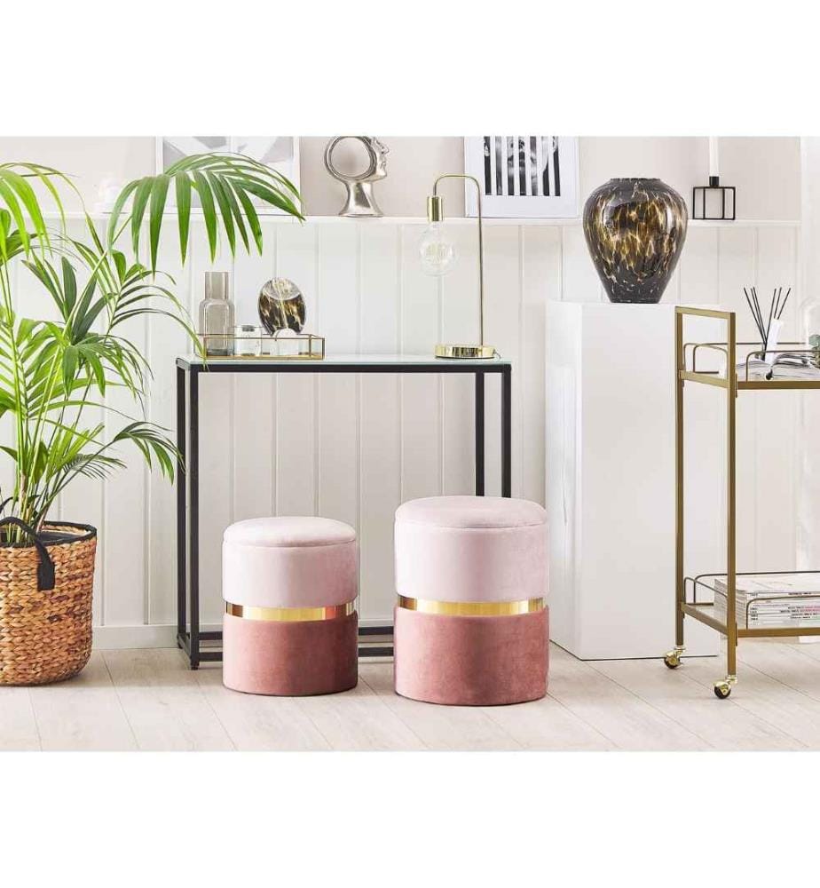 Lot 2 Poufs Coffres de Rangement en Velours Rose avec Ceinture en Acier Doré Idéals pour Chambre ou Salon au Design Glamour et Chic