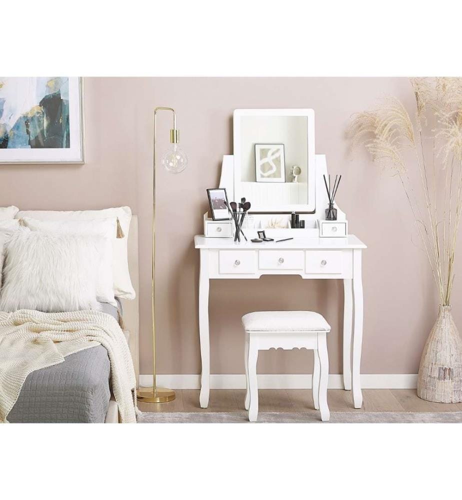Table de Maquillage Coiffeuse Blanche avec 5 Tiroirs Miroir Rectangulaire et Tabouret Assorti pour Chambre au Style Glamour et Moderne
