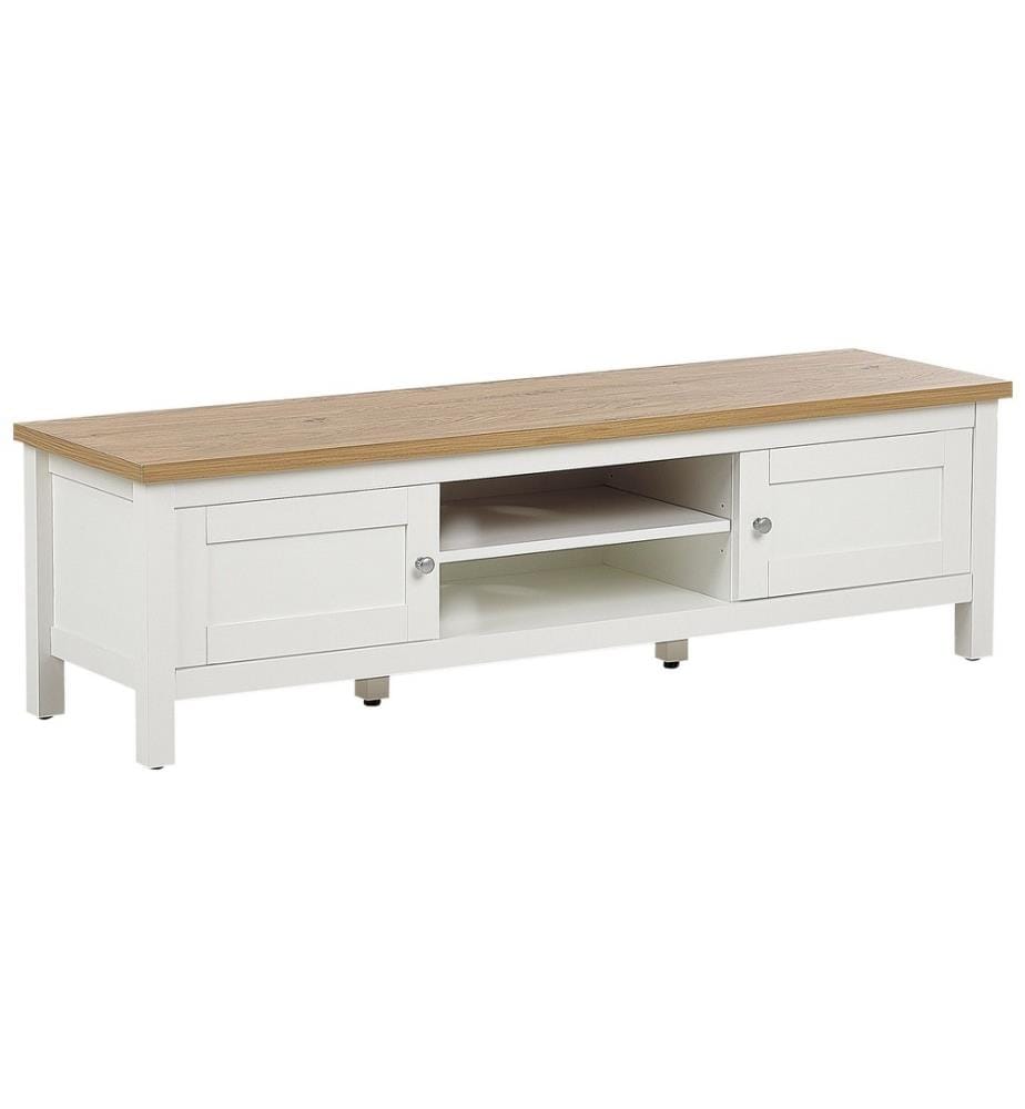 Meuble TV Blanc et Bois Clair en MDF 140 cm Salon Rangement Étagères Trou pour Câbles Style Moderne