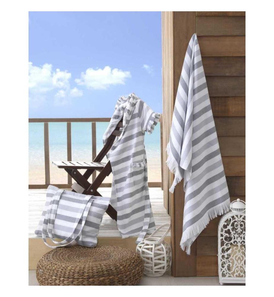 Ensemble de serviettes de plage, gris, blanc, coton, teinté dans la masse