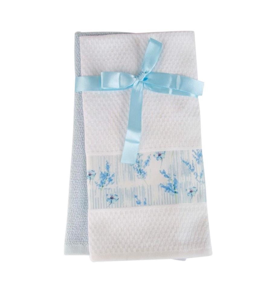 Jeu de serviettes de toilette, 2 pièces, blanc, bleu, coton, 300 gr-m²,