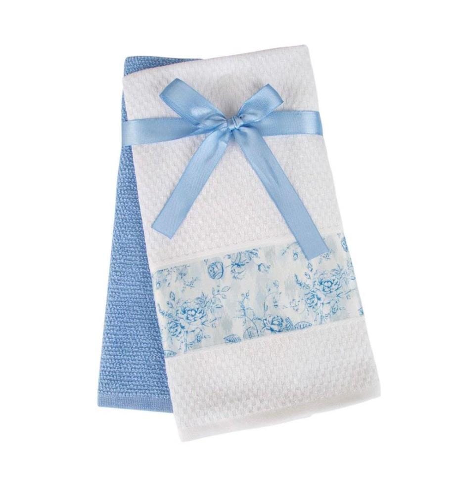 Jeu de serviettes de toilette, 2 pièces, blanc, bleu, coton, 300 gr-m²,