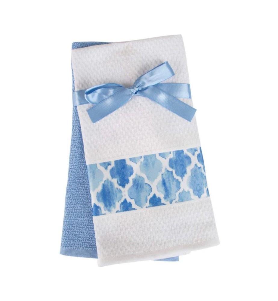 Jeu de serviettes de toilette, 2 pièces, blanc, bleu, coton, 300 gr-m²,