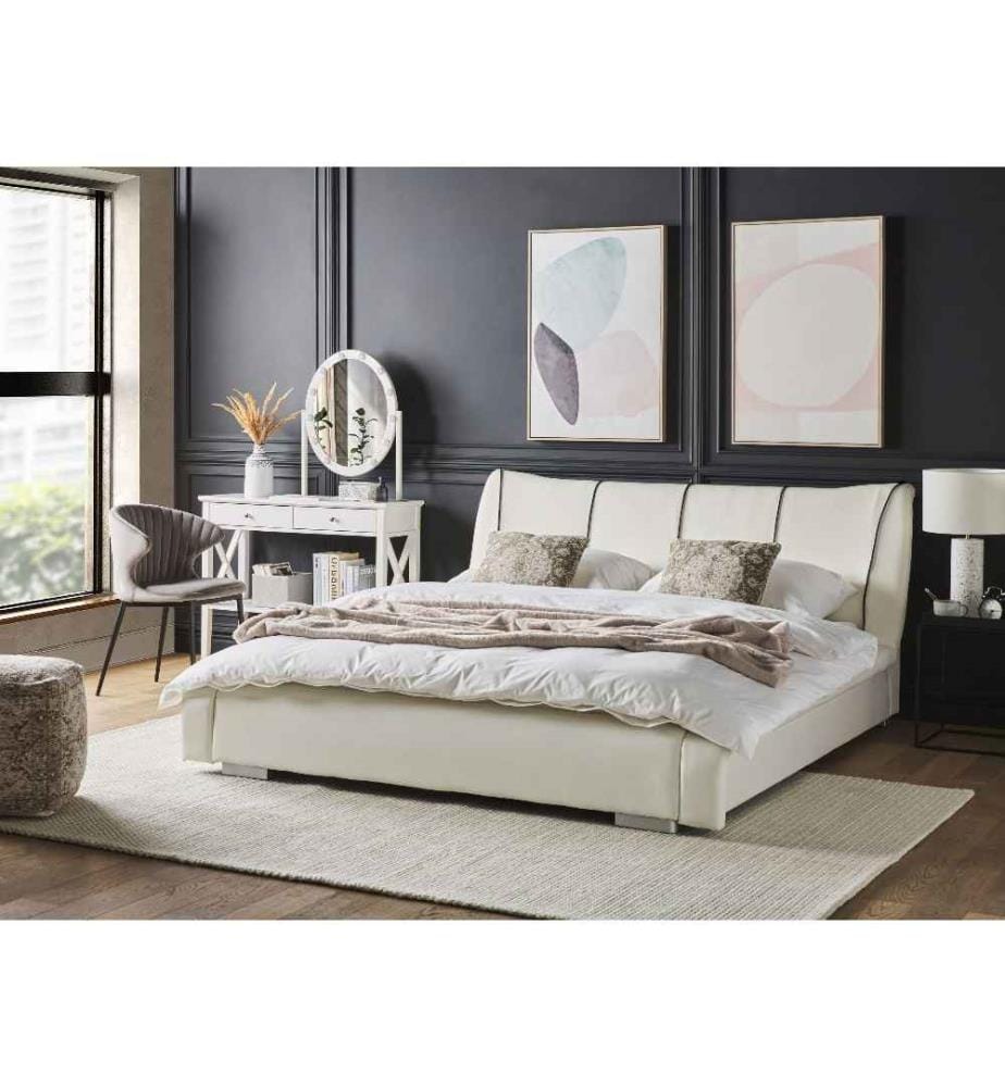 Lit Double Blanc en Cuir et Bois de Peuplier 180 x 200 cm Elégant et Confortable avec Sommier à Lattes au Style Moderne