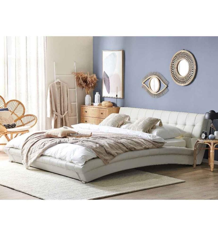 Lit Double Blanc en Cuir Vrai et Cuir PU 180 x 200 cm avec Sommier à Lattes Élégant et Confortable pour Chambre au Style Moderne